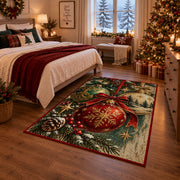 red Christmas ornament with gold snowflake and pinecones area rug, holiday room view 6