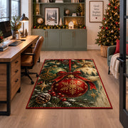 red Christmas ornament with gold snowflake and pinecones area rug, holiday room view 7