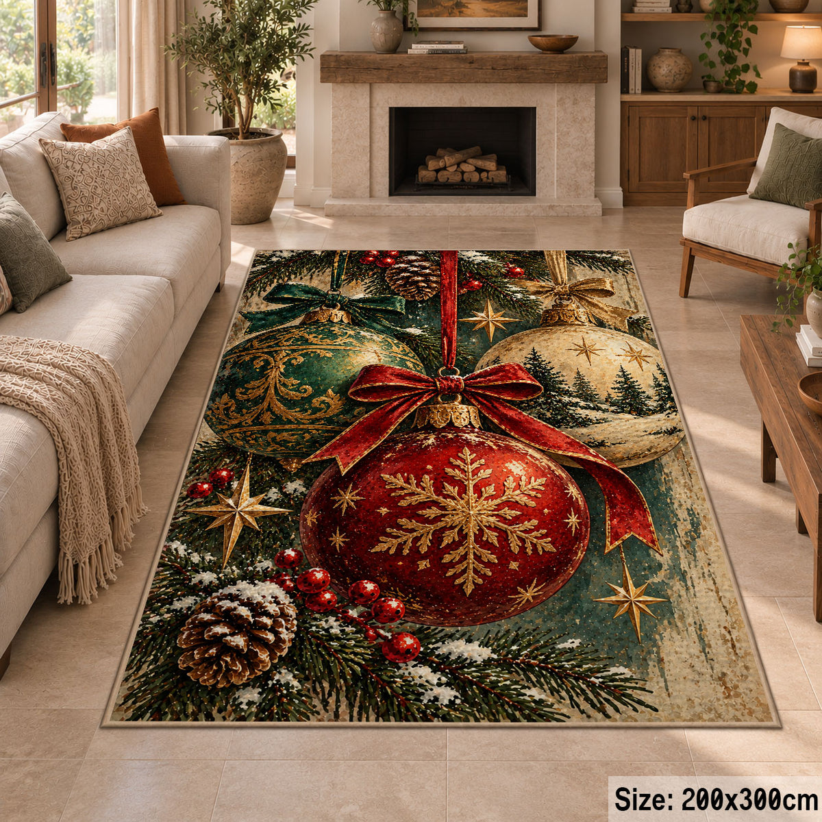 red Christmas ornament with gold snowflake and pinecones area rug, holiday room view 8
