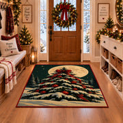 snow-covered Christmas tree with red ornaments under a full moon area rug, holiday room view 1