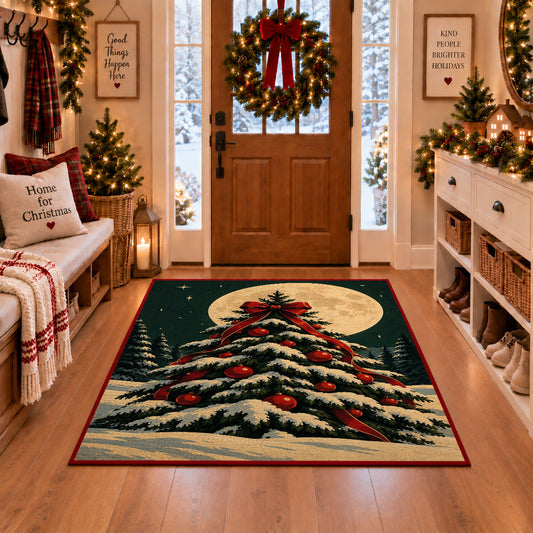 snow-covered Christmas tree with red ornaments under a full moon area rug, holiday room view 1
