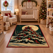 snow-covered Christmas tree with red ornaments under a full moon area rug, holiday room view 10
