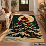 snow-covered Christmas tree with red ornaments under a full moon area rug, holiday room view 2
