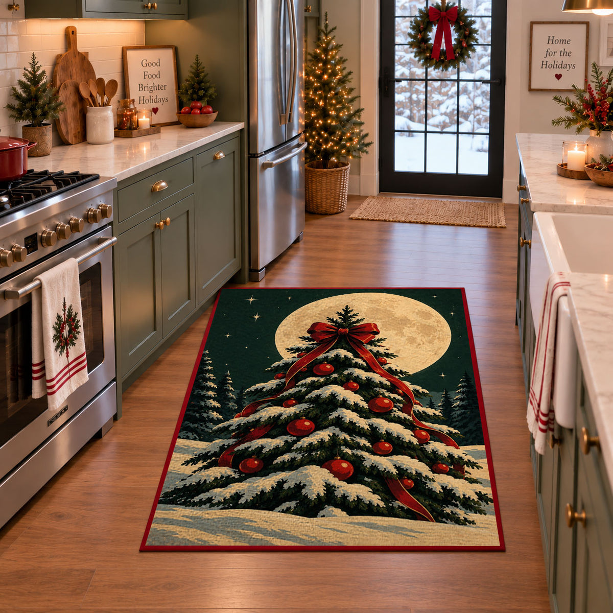 snow-covered Christmas tree with red ornaments under a full moon area rug, holiday room view 3