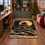 snow-covered Christmas tree with red ornaments under a full moon area rug, holiday room view 4
