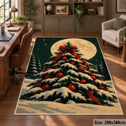 snow-covered Christmas tree with red ornaments under a full moon area rug, holiday room view 5