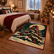 snow-covered Christmas tree with red ornaments under a full moon area rug, holiday room view 6