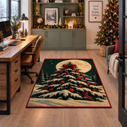 snow-covered Christmas tree with red ornaments under a full moon area rug, holiday room view 7