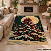 snow-covered Christmas tree with red ornaments under a full moon area rug, holiday room view 8