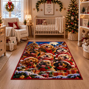 dogs in holiday hats and scarves gathered by a snowy tree area rug, holiday room view 10