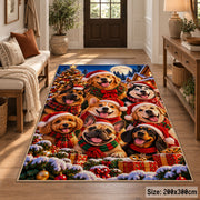 dogs in holiday hats and scarves gathered by a snowy tree area rug, holiday room view 2
