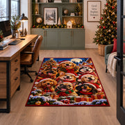 dogs in holiday hats and scarves gathered by a snowy tree area rug, holiday room view 7