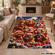 dogs in holiday hats and scarves gathered by a snowy tree area rug, holiday room view 8
