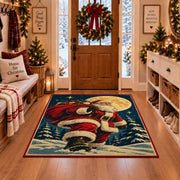 Santa walking through moonlit snow with a gift sack area rug, holiday room view 1