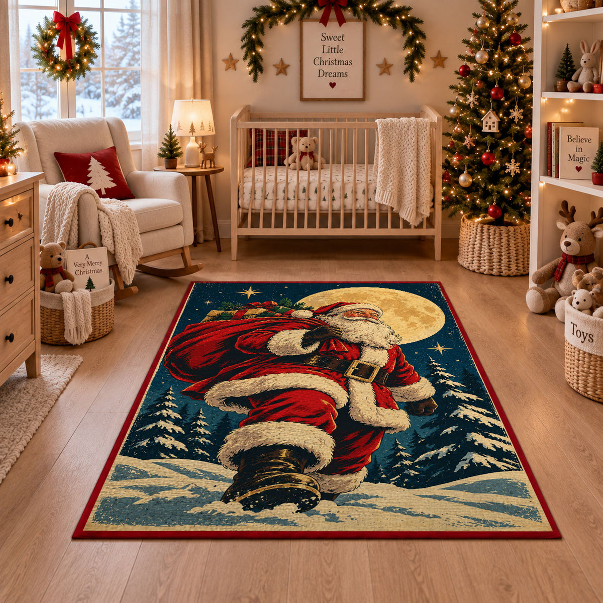 Santa walking through moonlit snow with a gift sack area rug, holiday room view 10