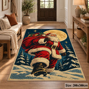 Santa walking through moonlit snow with a gift sack area rug, holiday room view 2