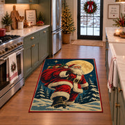 Santa walking through moonlit snow with a gift sack area rug, holiday room view 3