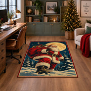 Santa walking through moonlit snow with a gift sack area rug, holiday room view 4