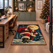Santa walking through moonlit snow with a gift sack area rug, holiday room view 7