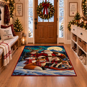 Santa and woodland animals with a sleigh in a snowy forest area rug, holiday room view 1