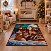 Santa and woodland animals with a sleigh in a snowy forest area rug, holiday room view 10