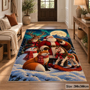 Santa and woodland animals with a sleigh in a snowy forest area rug, holiday room view 2
