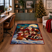 Santa and woodland animals with a sleigh in a snowy forest area rug, holiday room view 4