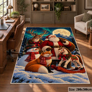 Santa and woodland animals with a sleigh in a snowy forest area rug, holiday room view 5