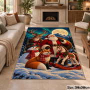 Santa and woodland animals with a sleigh in a snowy forest area rug, holiday room view 8
