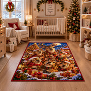 reindeer family around a bright Christmas tree and gifts area rug, holiday room view 10