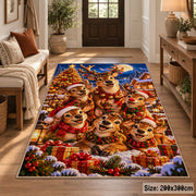 reindeer family around a bright Christmas tree and gifts area rug, holiday room view 2