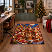reindeer family around a bright Christmas tree and gifts area rug, holiday room view 4