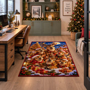 reindeer family around a bright Christmas tree and gifts area rug, holiday room view 7