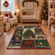 vintage panel collage of Christmas tree, stockings, presents and poinsettia area rug, holiday room view 10
