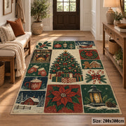 vintage panel collage of Christmas tree, stockings, presents and poinsettia area rug, holiday room view 2