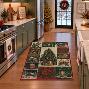 vintage panel collage of Christmas tree, stockings, presents and poinsettia area rug, holiday room view 3