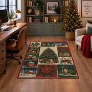 vintage panel collage of Christmas tree, stockings, presents and poinsettia area rug, holiday room view 4