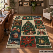 vintage panel collage of Christmas tree, stockings, presents and poinsettia area rug, holiday room view 5