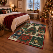 vintage panel collage of Christmas tree, stockings, presents and poinsettia area rug, holiday room view 6