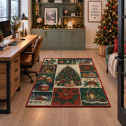 vintage panel collage of Christmas tree, stockings, presents and poinsettia area rug, holiday room view 7