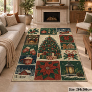 vintage panel collage of Christmas tree, stockings, presents and poinsettia area rug, holiday room view 8