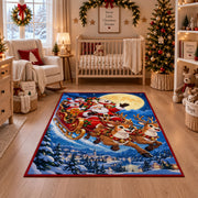 Santa flying through the night sky in a reindeer sleigh area rug, holiday room view 10