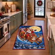 Santa flying through the night sky in a reindeer sleigh area rug, holiday room view 3