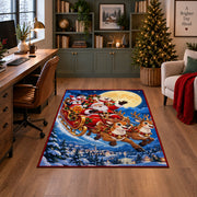 Santa flying through the night sky in a reindeer sleigh area rug, holiday room view 4