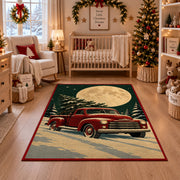 red vintage pickup truck carrying a Christmas tree through snow area rug, holiday room view 10