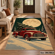 red vintage pickup truck carrying a Christmas tree through snow area rug, holiday room view 2