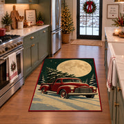 red vintage pickup truck carrying a Christmas tree through snow area rug, holiday room view 3