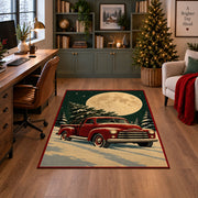 red vintage pickup truck carrying a Christmas tree through snow area rug, holiday room view 4