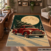 red vintage pickup truck carrying a Christmas tree through snow area rug, holiday room view 5