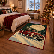 red vintage pickup truck carrying a Christmas tree through snow area rug, holiday room view 6
